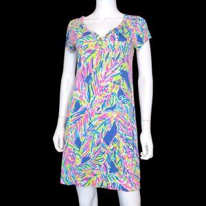Lilly Pulitzer T-Shirt Dress Palmira Indigo Palm Reader V-Neck Women's Medium